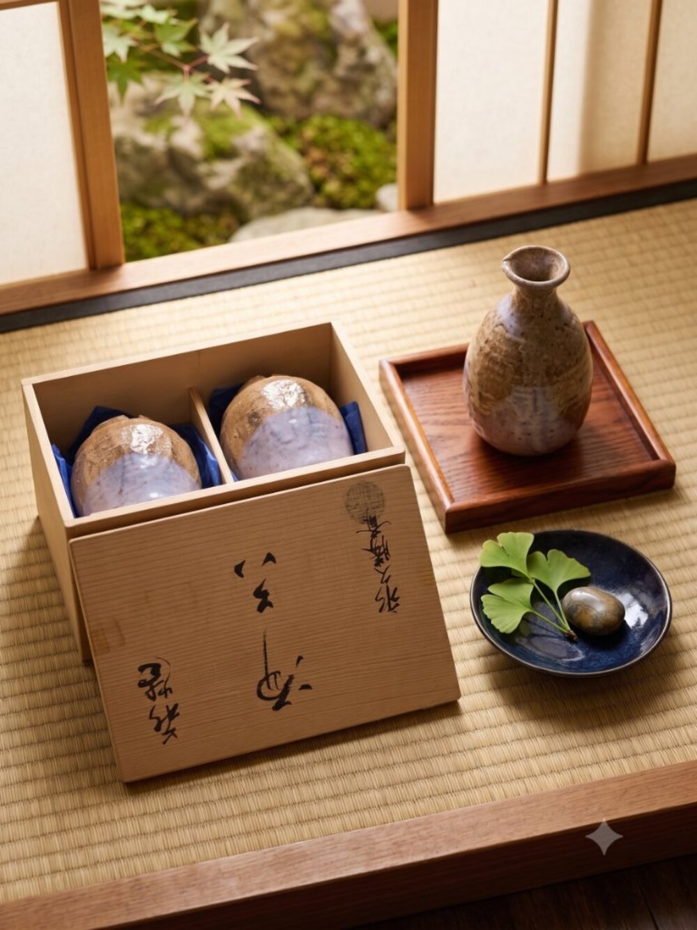 Vintage original Hagi Ware Japanese Sake Cups Pair in Signed Wooden Box not used